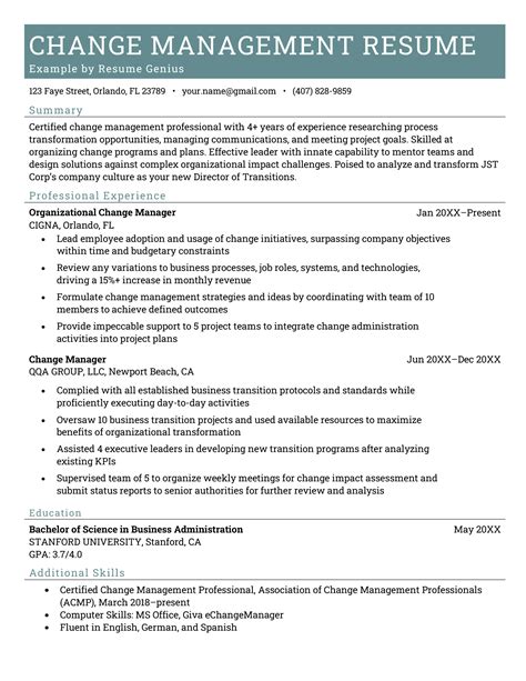Change Management Resume Sample