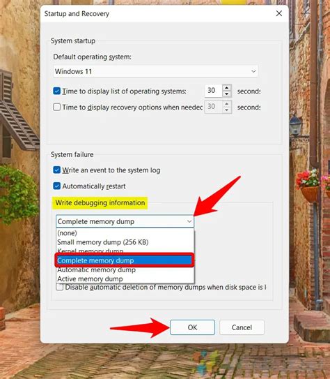 Changing Memory Dump File Settings in Windows Settings
