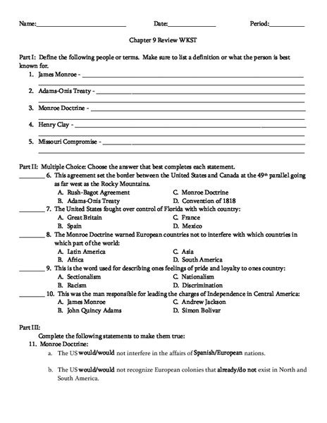 Chapter 9 Worksheet Answers