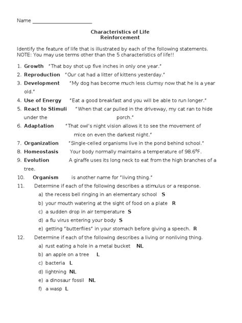 Characteristics Of Life Reinforcement Worksheet Answers - worksheet