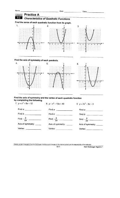 Characteristics Of Quadratic Functions Worksheet Algebra 2