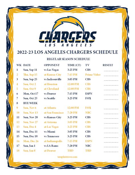 Chargers Schedule 2022 Printable