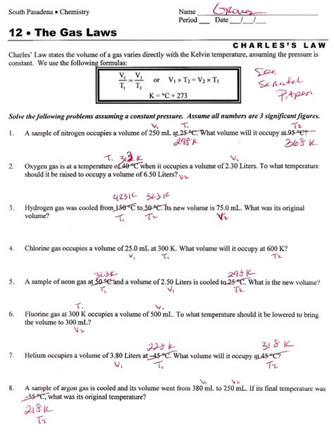 Charles Law Worksheet With Answers