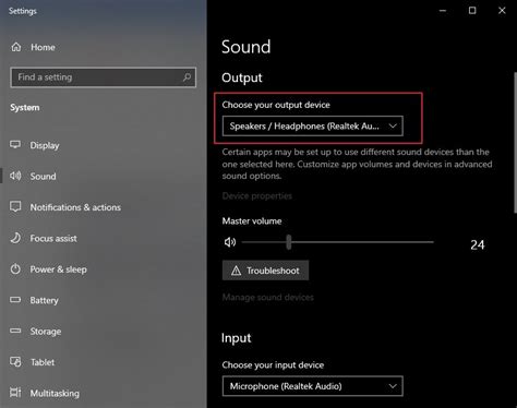 Checking sound output in Windows 10