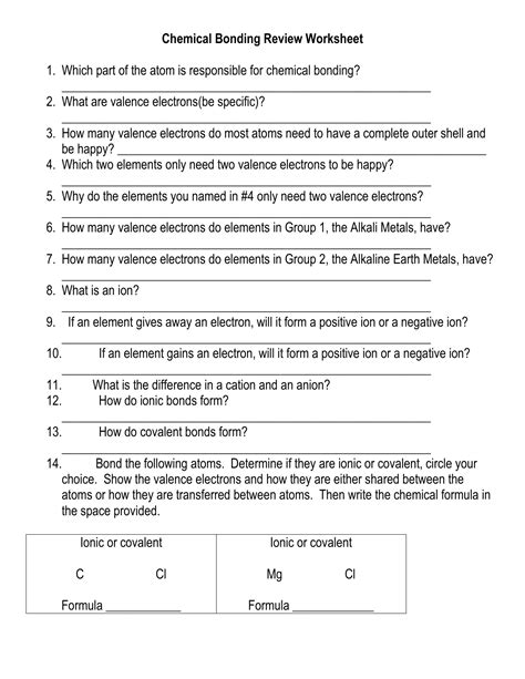 Chemical Bonding Review Worksheet Answer Key