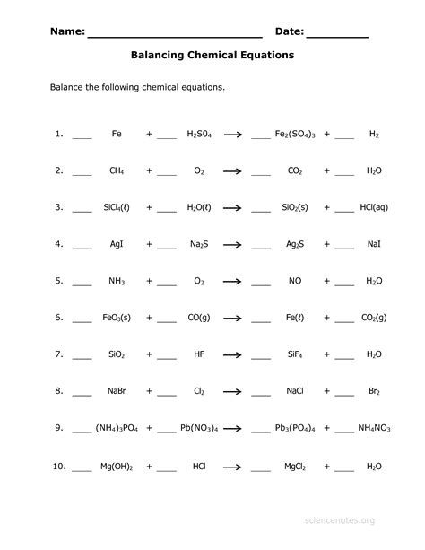 Chemical Equations To Balance Worksheet