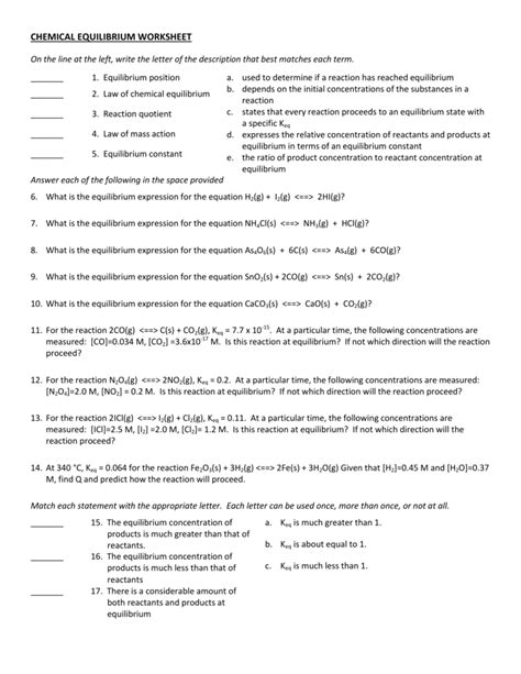 Chemical Equilibrium Worksheet Answers