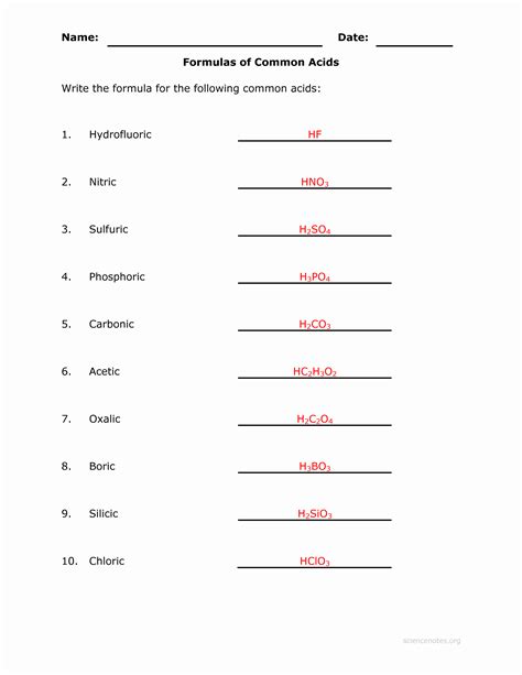 Chemical Formula Worksheet With Answers