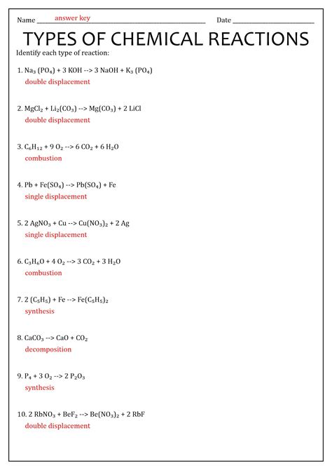 Chemical Reactions Worksheet Answers