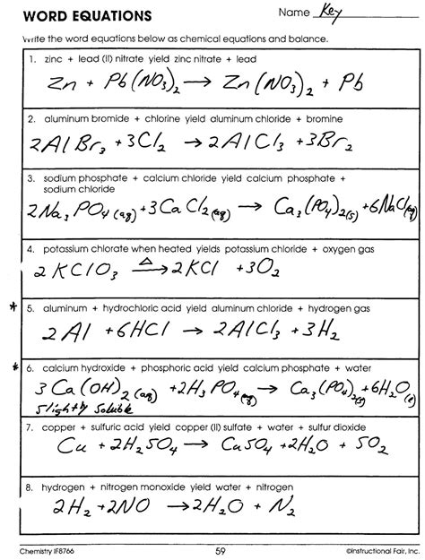 Chemical Word Equations Worksheet