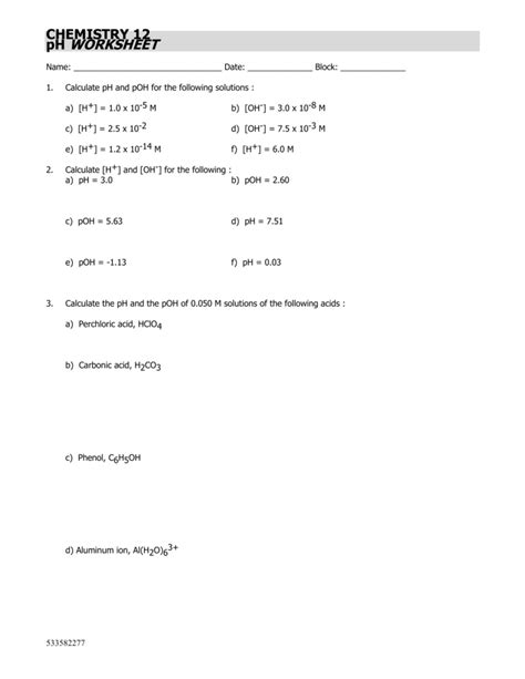 Chemistry Ph And Poh Worksheet Answer Key