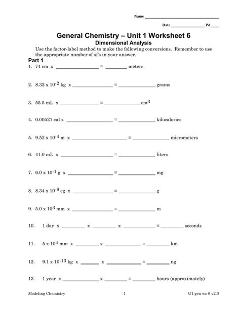 Chemistry 1 Conversions And Dimensional Analysis Worksheet Answer Key
