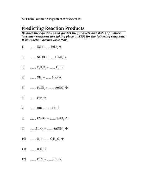 Chemistry Predicting Products Worksheet