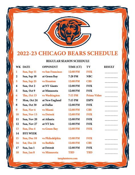 Chicago Bears Printable Schedule 2022-23