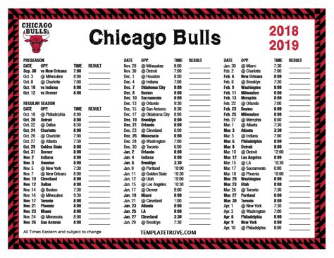 Chicago Bulls Printable Schedule