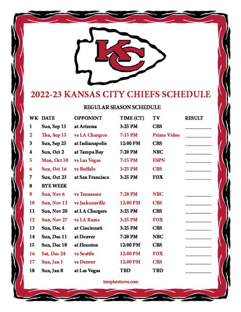 Chiefs Printable Schedule 2023