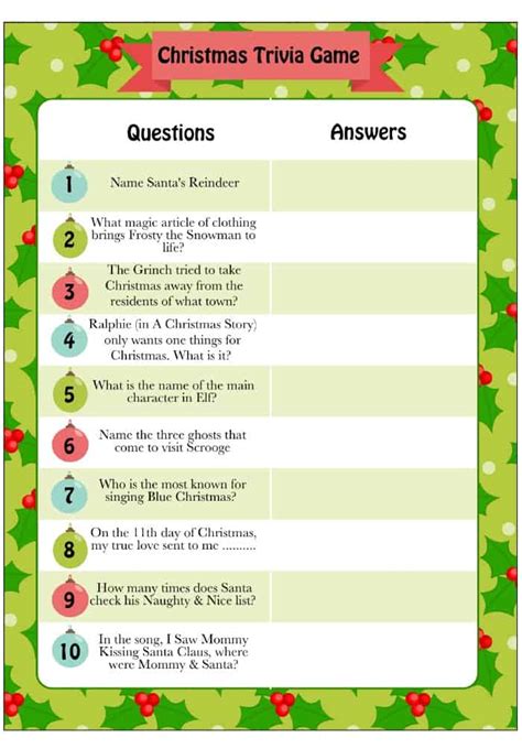 Children's Christmas Trivia Printable