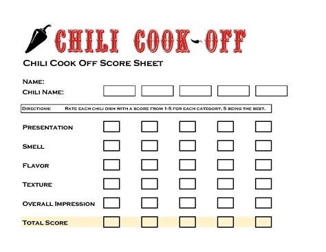 Chili Cook Off Judging Sheet Printable