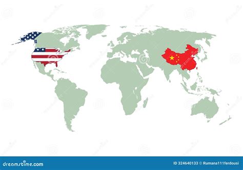 United States and China Highlighted on Political Map of World. Vector