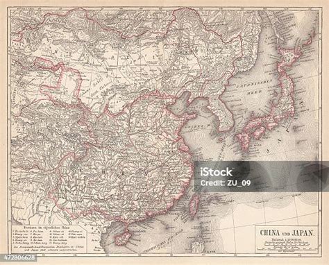 Map Of China And Japan Lithograph Published In 1875 Stock Illustration
