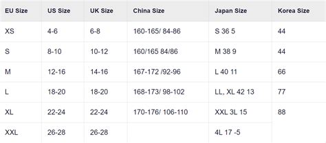 China Us Size Chart