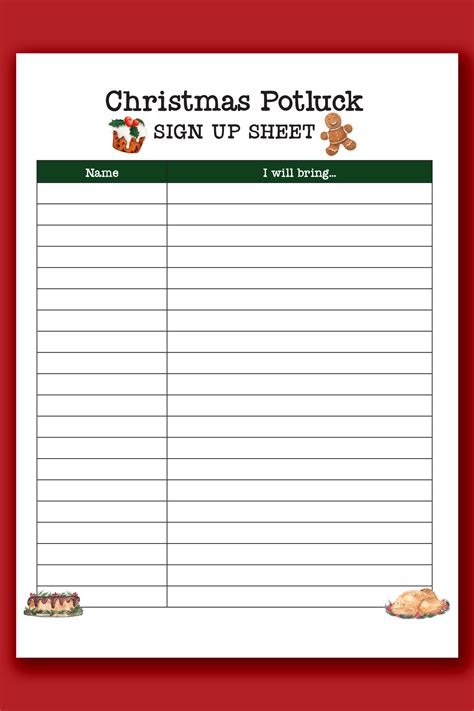 Christmas Potluck Signup Sheet Printable