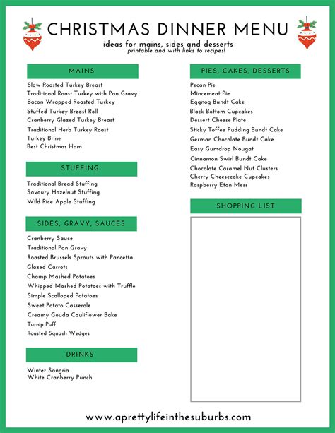 Christmas Dinner Menu List