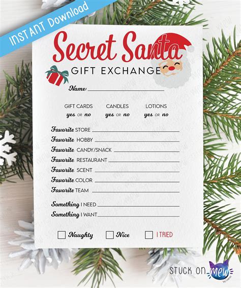 Christmas Gift Exchange Questionnaire Printable