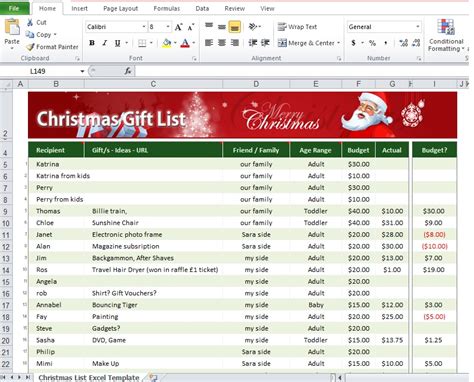 Christmas Gift List Template Excel