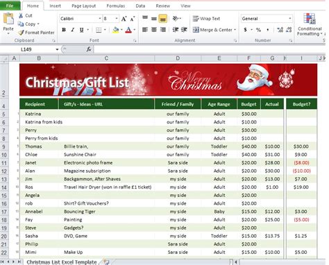 Christmas List Excel Template