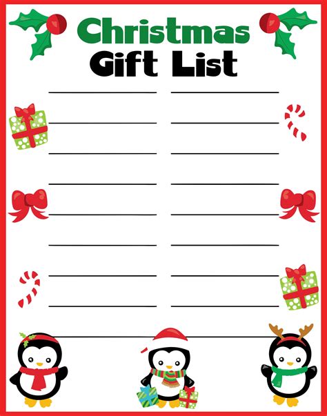 Christmas List Template Printable Free