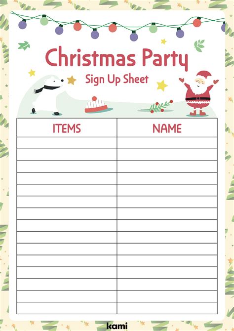 Christmas Party Sign Up Sheet Template Free Printable