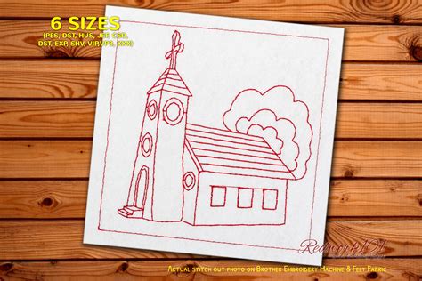 Chuch Building With Trees Redwork Design Embroidery