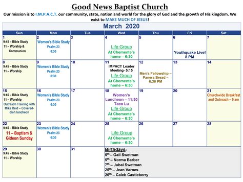 Church Calendar Of Events