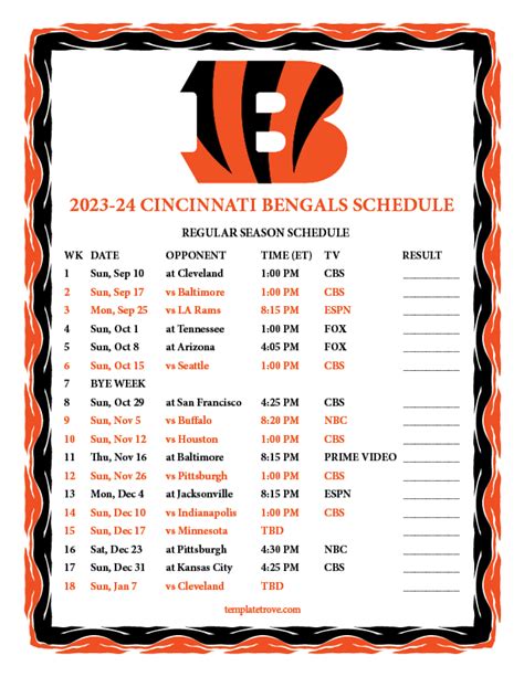 Cincinnati Bengals 2023 Schedule Printable
