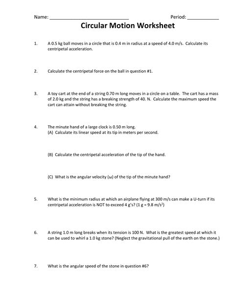 Circular Motion Worksheet Answers