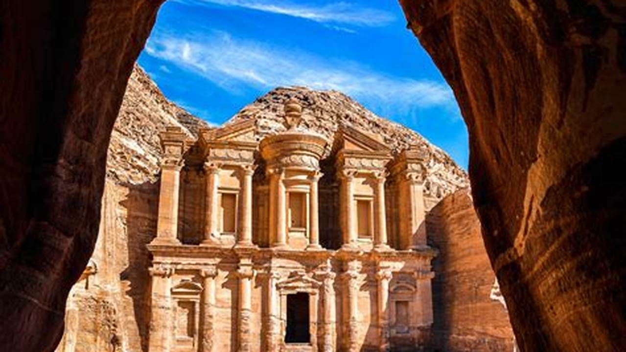 Buildings carved into a mountainside at the Petra site, Jordan