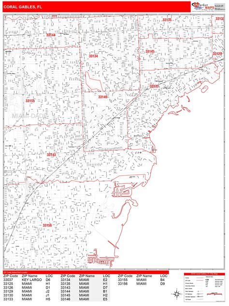 Coral Gables Florida Zip Code Wall Map (Red Line Style) by MarketMAPS