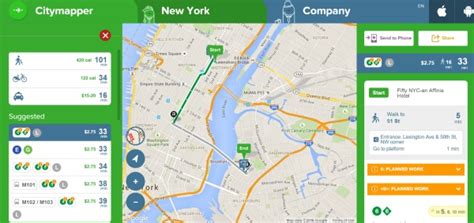 A smartphone displaying Citymapper app with multiple transportation options shown on a map of NYC