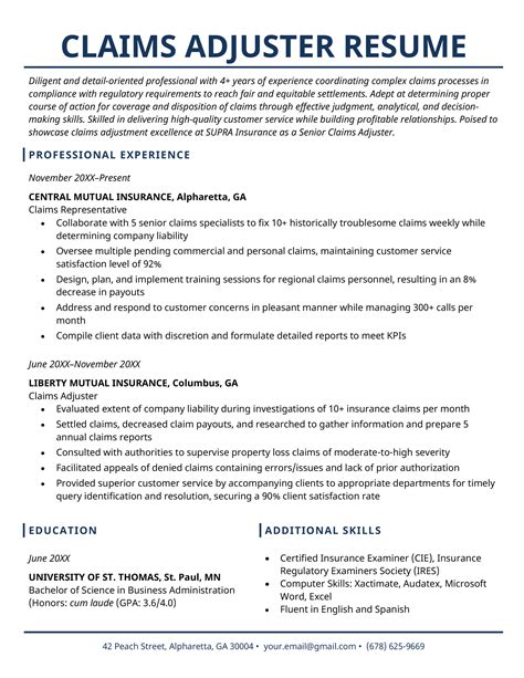 Claims Adjuster Resume Sample