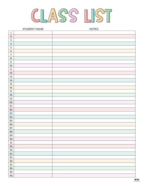Class List Template Free Printable