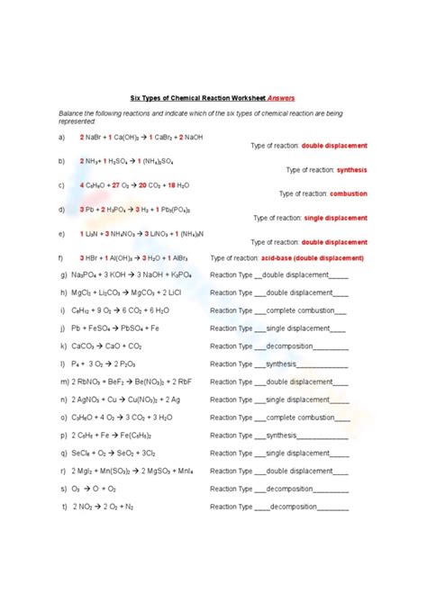 Classifying Chemical Reactions Worksheet KEY - Classifying Chemical