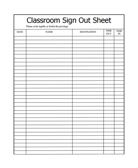 Classroom Sign-Out Sheet Design