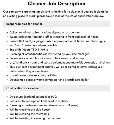 Cleaner Job Description For Resume