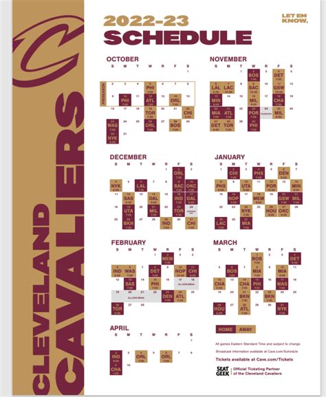 Cleveland Cavaliers Printable Schedule 2022-23
