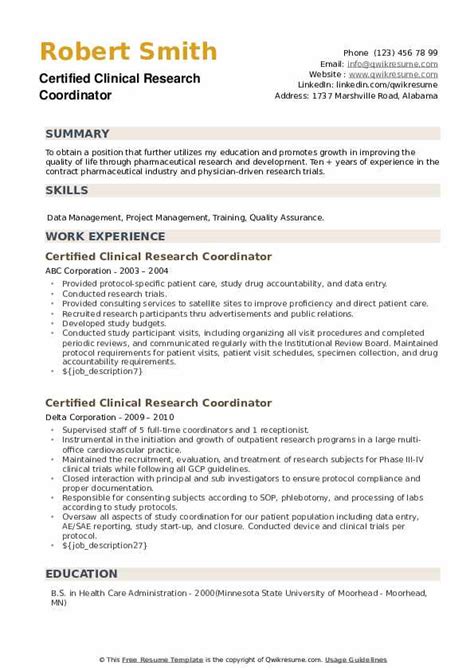 Clinical Research Coordinator Resume Sample