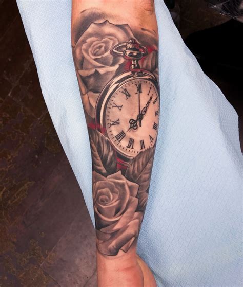 Clock and Roses Tattoo by Nino Dinchev, half sleeve Rose