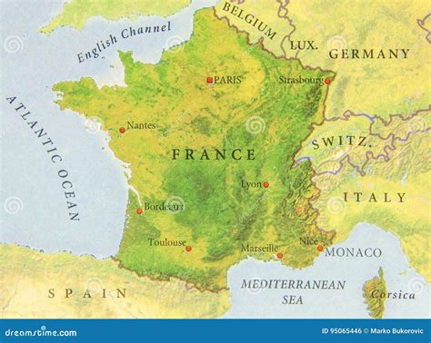 Large physical map of France with roads, cities and airports France