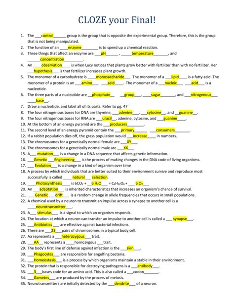 Clozeing In On Science Worksheet Answers