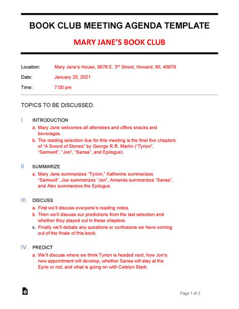 Free Book Club Meeting Agenda Template Sample Word PDF eForms